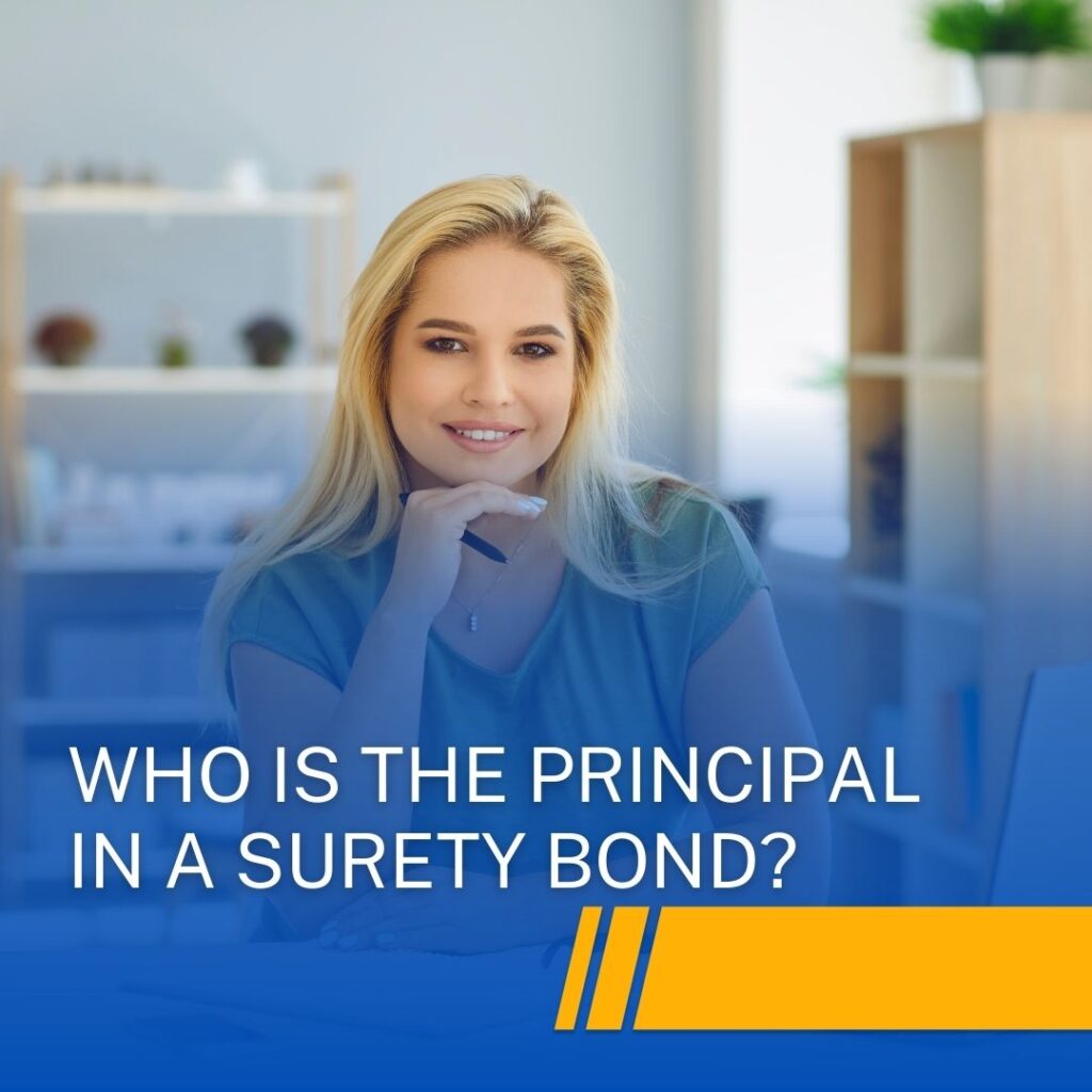 Who is the principal in a surety bond? - A businesswoman smiling while holding her eyeglasses. At her table with her laptop and other things. A businesswoman at her office.